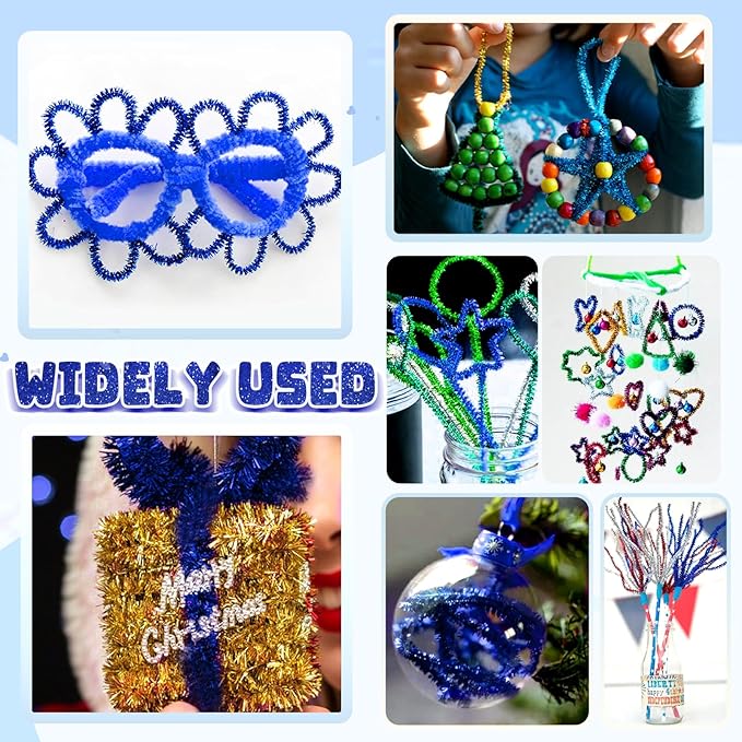 TOAOB 100pcs Christmas Glitter Pipe Cleaners Blue Metallic Pipe Cleaners Craft Supplies 6mm x 12 Inch Chenille Stems Pipe Cleaners for Art DIY Crafts Decorations