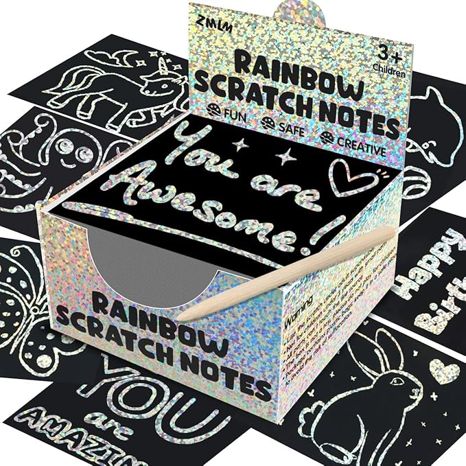ZMLM Rainbow Scratch Art Paper Mini Note for Kids Gifts Ages 4-8 Bulk Craft Supplies for Teen Girls Boys Easter Basket Stuffers Birthday Classroom Party Games Toy Valentines Day Gift(Silver