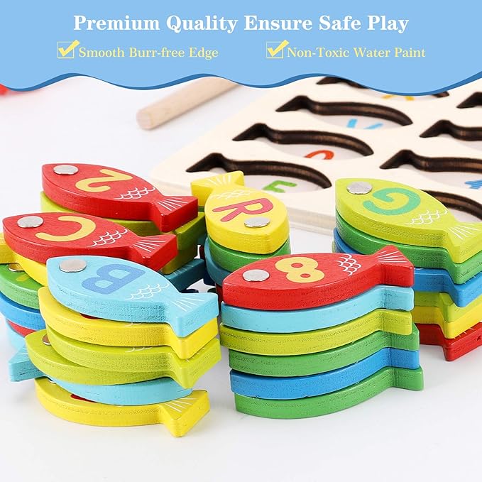 Magnetic Wooden Fishing Game Toy for Toddlers, Alphabet Fish Catching Counting Games Puzzle with Numbers and Letters, Preschool Learning ABC Math Educational Toys 3 4 5 Years Old Girl Boy Kids
