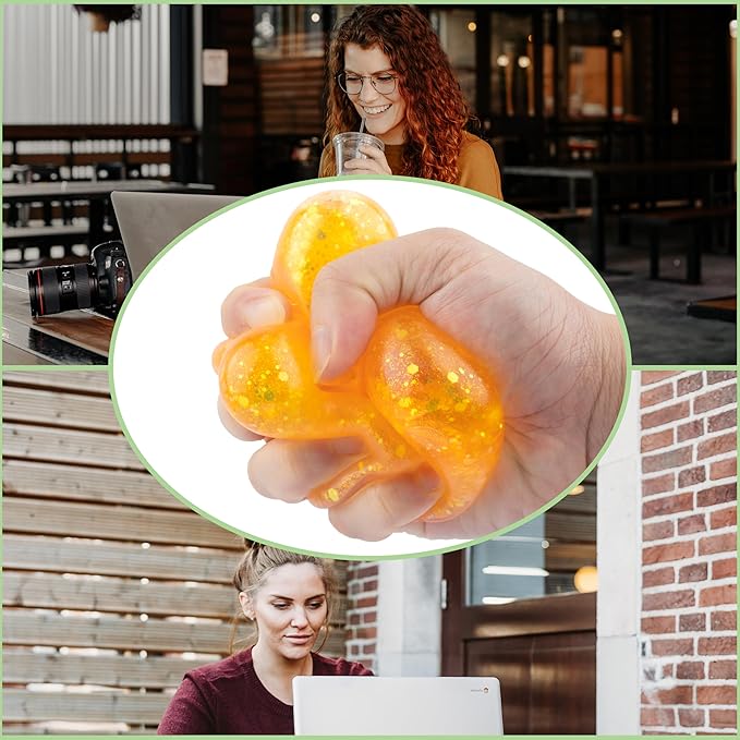 Wearable Squishy Stress Relief Toys, Glitter Heart Stress Relief Toy,Crystal Glitter Bracelet Soft Sensory Fidget Toys,Kids Party Favors,Classroom Rewards,Goody Bag Stuffer (Orange)