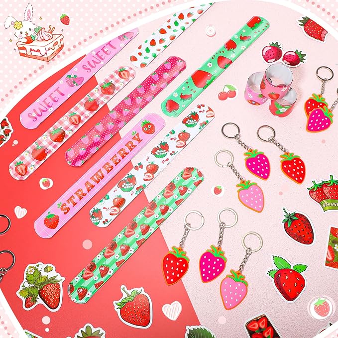 98 Pieces Strawberry Party Favors Include Sweet Berries Slap Bracelets Stickers Keychains for Berry Birthday Party Supplies Sweet One Party Summer Fruit Goodie Bag Fillers