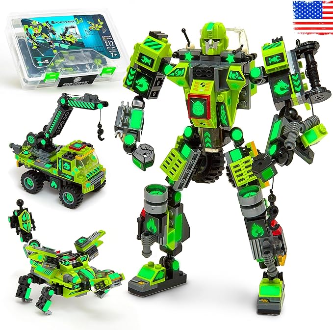 JITTERYGIT Mech Buildable Robot Glow in The Dark STEM Action Figure Toy Set, Cool Space Super Hero Christmas Birthday Gift, Xmas 3 in 1 Present DIY for Boys, Girls, Teen 6 7 8 9 10 Year Olds