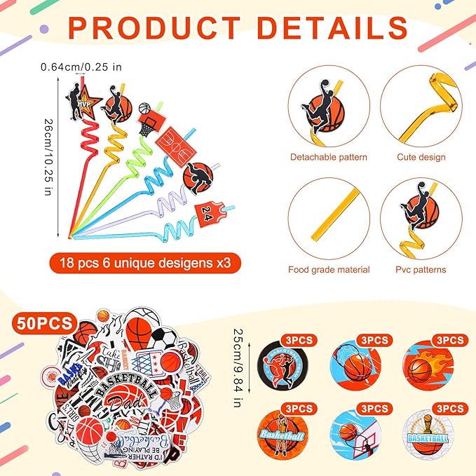 Sadnyy 140 Pcs Party Favors Birthday Party Decorations Supplies Drawstring Bags with Silicone Bracelets Keychains Straws Button Pins Stickers for Classroom Rewards Goodie Bags Stuffers(Basketball)