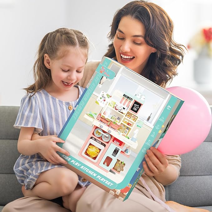 HOLYFUN Kids Kitchen Playset, Kitchen Set for Toddler with Sound and Light, Cooking Stove with Steam, Play Sink and Toy Kitchen Accessories, Pretend Kitchen Toys for Kids Girls Boys, Pink