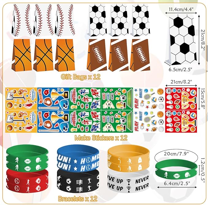 Sports Party Favors - Sports Theme Birthday Party Supplies Decorations, Gift Bags, Slap Bracelets, Rubber Bracelets, Tattoo Stickers, Button Pin, DIY Stickers for Boys Girls Kids Party Favor
