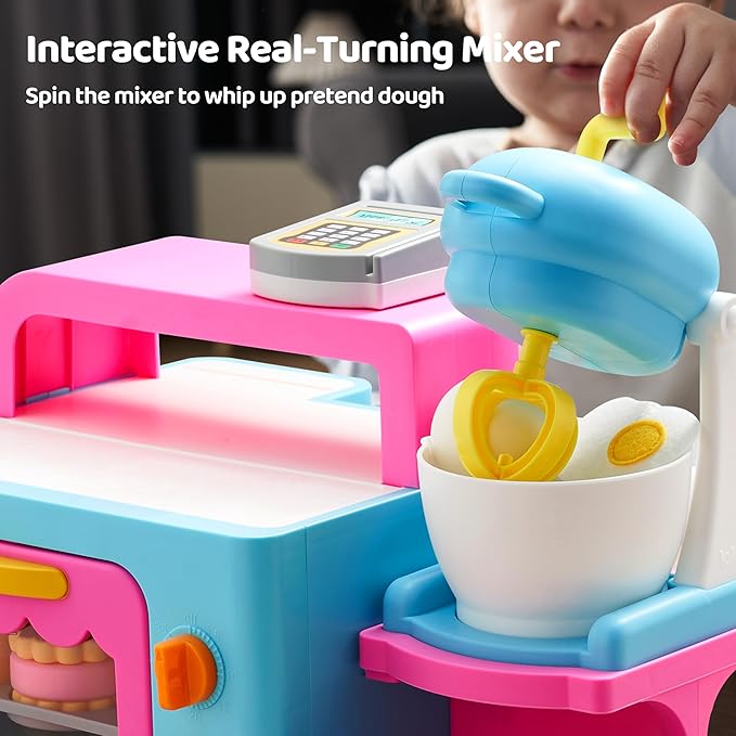 Toddler Pretend Play Toys, Bakery Shop with Light & Sound Oven, Realistic Mixer, Color Changing Bread, 20 Pieces Play Kitchen Accessories, Birthday Gift for Boys Girls Kids