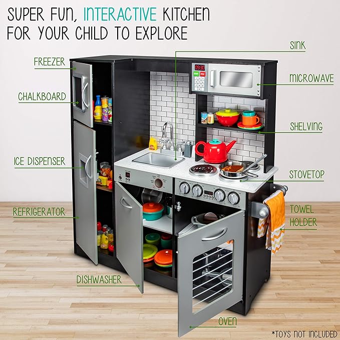 Lil' Jumbl Kids Kitchen Set, Pretend Wooden Play Kitchen, Battery Operated Icemaker & Microwave with Realistic Sound, Pots & Pan Included - Charcoal