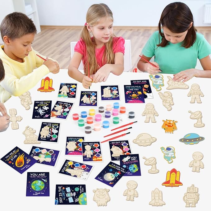 36Pcs Space Party Favors Space Cards with Art Supplies Outer Space DIY Wood Painting Craft Kits Astronaut Thank You for Coming Gifts for Kids Boys Girls Solar System Birthday Gift Bulk (Pre-Assembled)
