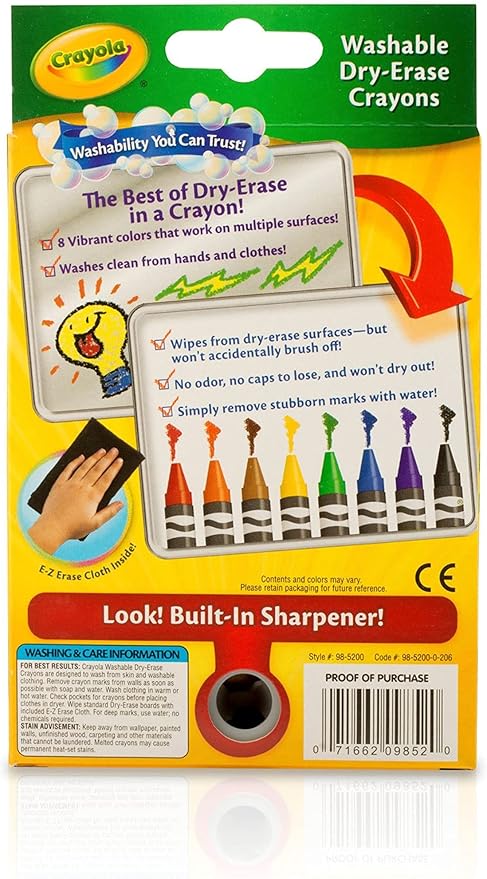 Crayola Washable Dry Erase Crayons (8ct), Includes Eraser Mitt & Sharpener, Classroom Supplies for Teachers