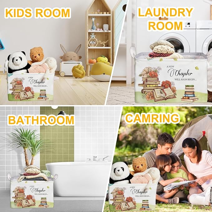 Book Theme Foldable Storage Basket with Handles, Waterproof Fabric Organizer Boxes for Toy and Book Storage, Cube Box for Nursery and Study Room, Gifts for Boys and Girls, Cute Bookshelf Decor