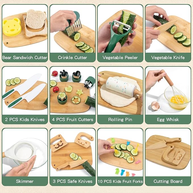 18 PCS Kids Cooking Sets Real, Montessori Kitchen Tools for Toddlers, Cooking & Baking Set for Kids Little Chefs, Toddler Knife Set, Crinkle Cutter, Cutting Board