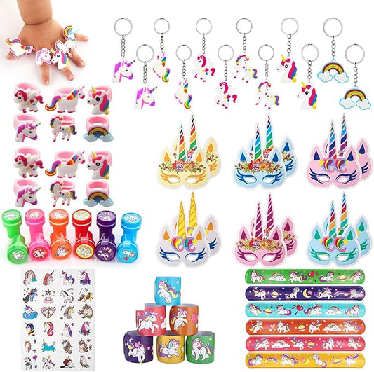 Unicorn Party Favors Supplies for Kids Birthday Gift Bags Including Slap Bracelets Mask Rings Keychains Stamps Tattoos Stickers (Unicorn A, Count, 1)