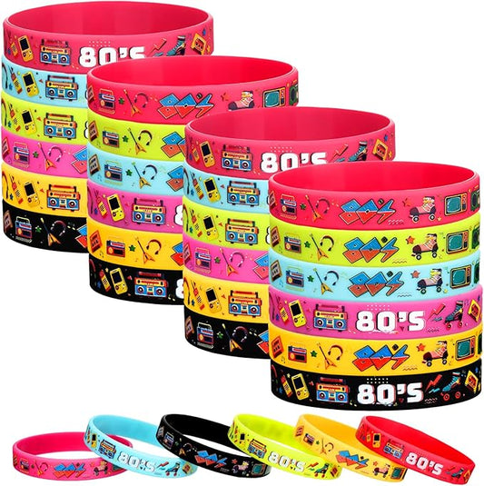 Leitee 48 Pcs 80s Party Favors 1980s Themed Silicone Bracelets 80s Jewelry for Women Men Radio Roller Skate 80s Bracelets Retro Rubber Wristbands for 1980s Party Birthday Music Party Supplies