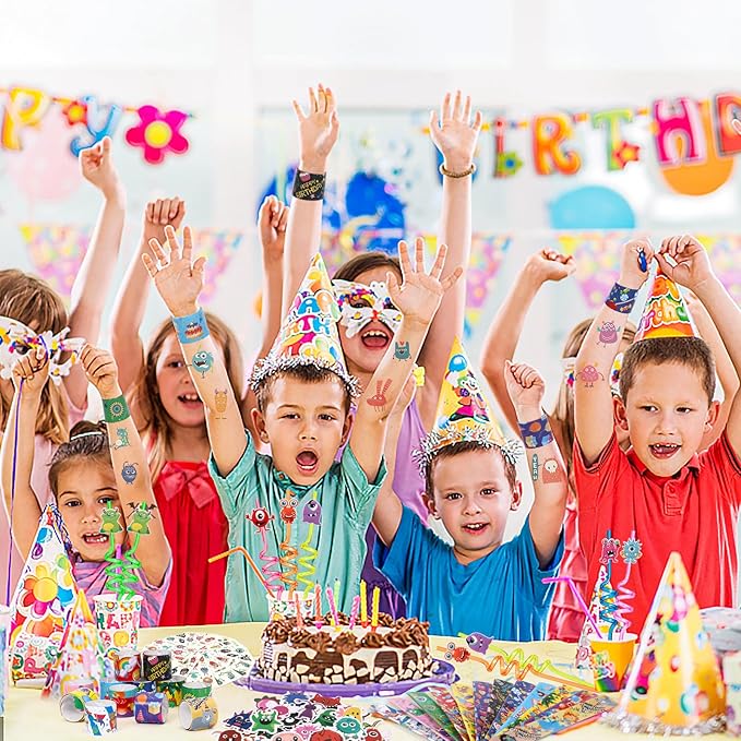 98Pcs Monster Party Favors Birthday Supplies for Kid Monster Drinking Straw Luminous Tattoo Sticker Keychain Slap Bracelet Sticker Pinata Filler Goodie Bag Stuffer Monster Birthday Party Supplies