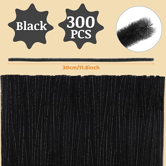 Zlulary 300 PCS Black Pipe Cleaners, Pipe Cleaners for Hair, Pipe Cleaner Crafts Fluff Fuzzy Stick Pipe Cleaners Bulk for Wig Weaving DIY Halloween Decorations