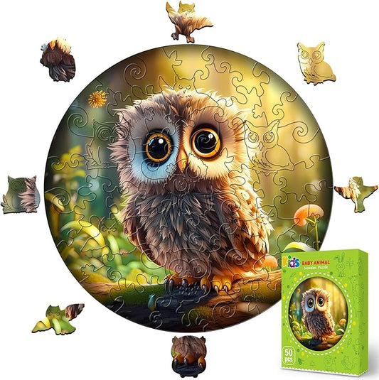 Wooden Jigsaw Puzzles for Kids Ages 4-6, 50 Piece Unique Shape Animal Theme Puzzle - Preschool Learning Educational Toys for Kids 3+, Valentines Day Birthday Easter Gifts for Kids Girls Boys (owl)