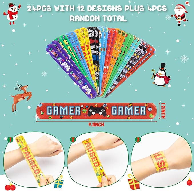 Haooryx Valentine's Exchange Gifts Bulk - 28-Piece Video Game Slap Bracelets with Greeting Cards Valentine's Day Kids' Multi-Item Party Favor Packs Class School Prizes Heartfelt Game Nights Reward