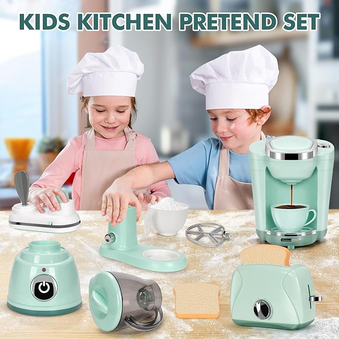 Play Kitchen Appliances Toy Set with Coffee Maker Machine, Mixer, Toaster, Blender, Kids Kitchen Playset, Play Kitchen Accessories with Sound & Light, Birthday Gifts for Kid Girls Ages 3-5 4-8