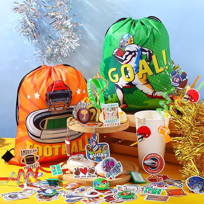 Sadnyy 140 Pcs Football Party Favors Birthday Party Decorations Supplies Drawstring Bags with Silicone Bracelets Keychains Straws Button Pins Stickers for Classroom Rewards Goodie Bags Stuffers