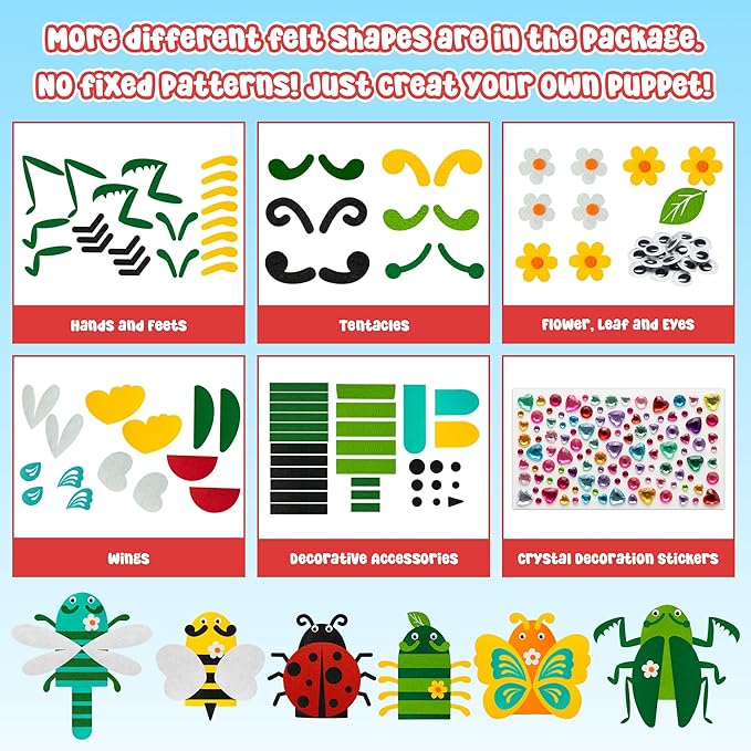 WATINC 6Pcs Hand Puppet Making Kit, Art Craft Felt Sock Puppet Toys, Creative DIY Make Your Own Pompoms Wiggle Googly Eyes Storytelling Role Play Party Supplies Gift for Girls Boys (Insect)