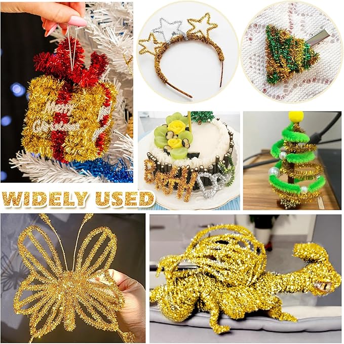 TOAOB 100pcs Christmas Glitter Pipe Cleaners Gold Metallic Pipe Cleaners Craft Supplies 6mm x 12 Inch Chenille Stems Pipe Cleaners for Art DIY Crafts Decorations