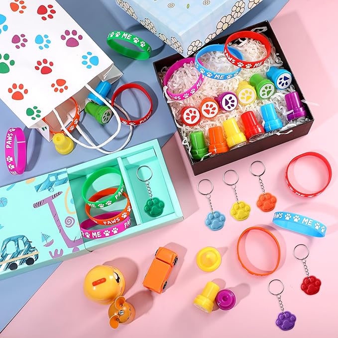 Skylety 58 Pcs Dog Paw Print Party Favors Set, Paw Print Stamps Rubber Silicone Bracelets Sticker Keychain, Puppy Birthday Party Favors Patrol Supplies, Gift Bag Stuffer (Multi Colors)