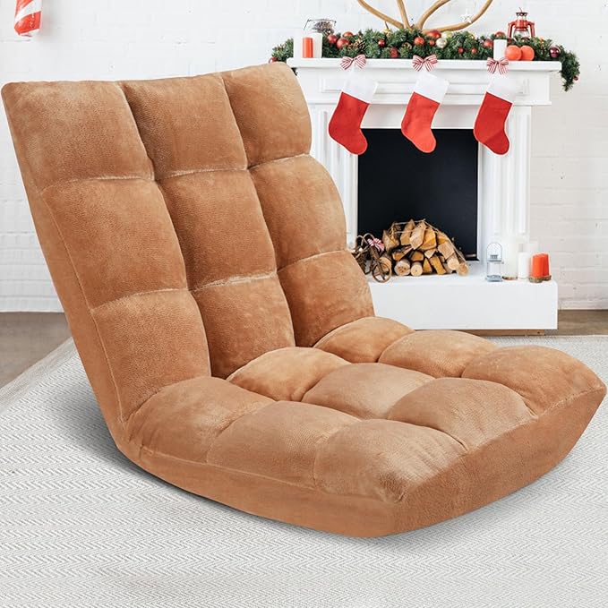 Folding Floor Chair 14-Position Cushioned Adjustable Floor Lazy Sofa Chair w/Breathable Cotton & Skin-Friendly Flannel for Adults & Kids Ideal for Reading Meditating, Camel