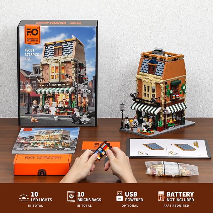Funwhole Book-Cafe Lighting Building-Bricks Set - City Town Coffee House LED Light Modular Construction Building Model Sets 1718 Pcs for Adults and Teen