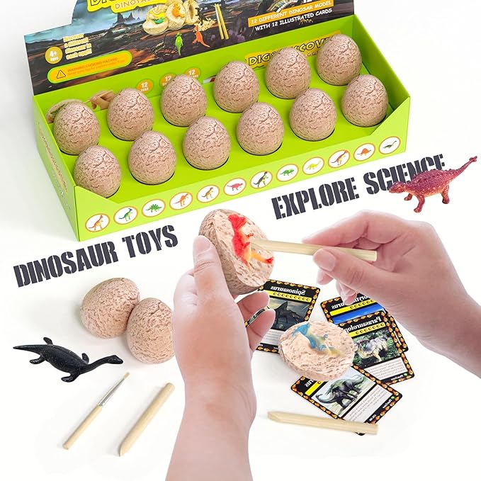 DoDoMagxanadu Dinosaur Eggs,12 Dino Eggs Dig Excavation Kit Dinosaur Toys for Boys, Science STEM Dinosaur Party Favors Easter Basket Stuffers for Boys & Girls Ages 3-5 4-7 5-7+