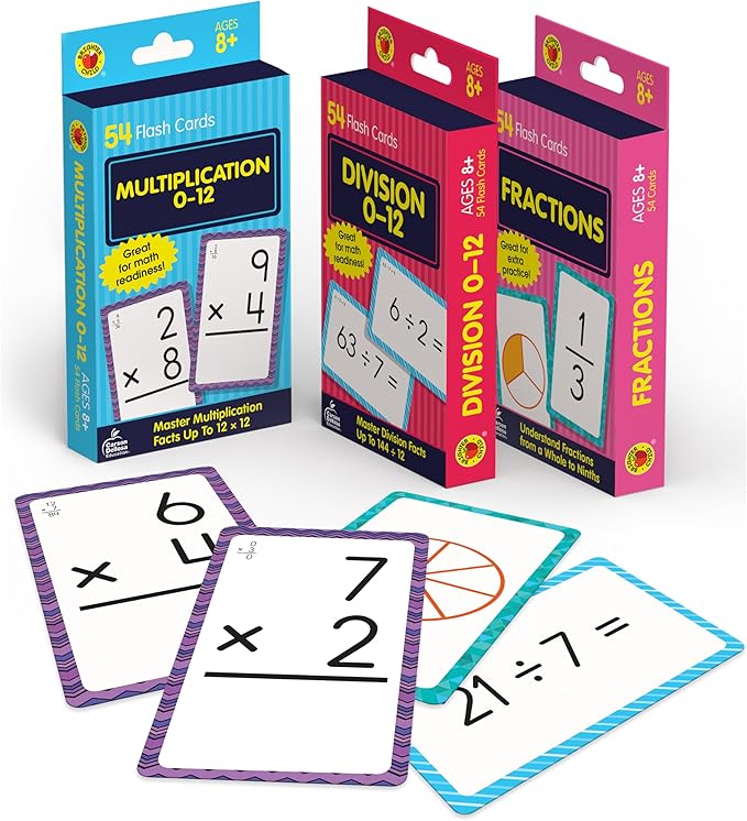 Carson Dellosa 3-Pack Math Flash Cards, Multiplication Flash Cards, Division Flash Cards, Fraction Flash Cards, 3rd Grade, 4th Grade and 5th Grade Flash Cards for Studying, Math Games for Kids Ages 8+