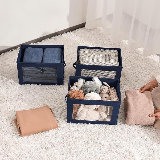 Homsorout Foldable Storage Boxes with Lids - Decorative Storage Boxes with Clear Window, Fabric Storage Baskets for Organizing, Closet Storage for Clothes, Yarn, Home, Navy Blue, 4-Pack