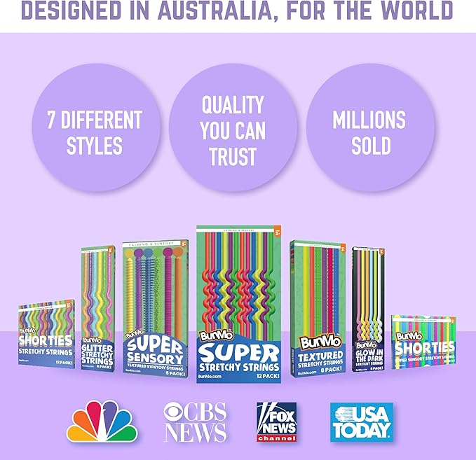 BUNMO Stretchy Strings - Sensory Toys for Toddlers - Stimulating & Addictive Sensory Toys for Kids - Fidget Toy - Hours of Fun for Kids - Non-Mouthable Toy 3+ - Mini Smooth 12 Pack