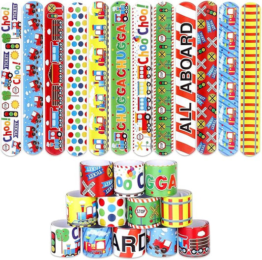 Serencatcher 48Pcs Train Slap Bracelets, Train Party Favors Include Bracelet Wristbands in 12 Styles for Chugga Chugga Choo Choo Train Railroad Transportation Birthday Party Decorations Supplies
