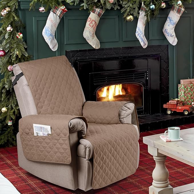 Ruaozz 100% Waterproof Recliner Chair Cover Non-Slip Reclining Cover for Recliner Chair Washable Chair Seat Cover with Elastic Straps for Kids, Dogs, Pets (Light Brown, 23'')