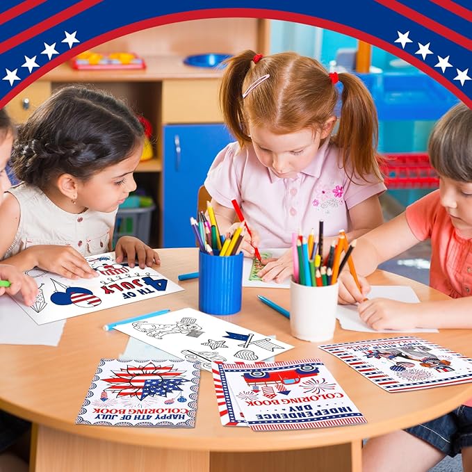 Fulmoon 48 Pcs 4th of July Coloring Books School Activity Supplies Art Creativity Assorted Independence Day Memorial Day Party Favors, DIY Patriotic Color Booklets Gifts for Boys and Girls