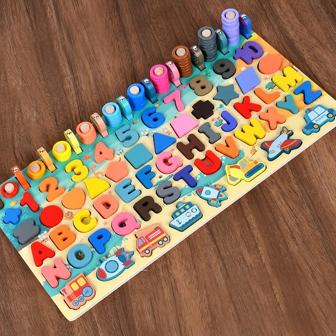 Wooden alphanumeric Shapes Jigsaw Ring Count Classification Toys Math Shapes Building Blocks Toddler Learning Playboard Math Fishing Educational Toys Montessori Educational Toys (color1)