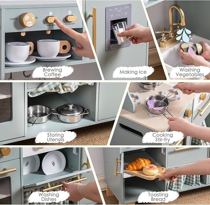 ROBOTIME Play Kitchen for Kids Toddlers, Wooden Pretend Play Kitchen Set Toy with with Fridge, Ice Maker, Coffee Maker, Toys Kitchen Gift for 3+ Year Old Kids, Girls & Boys