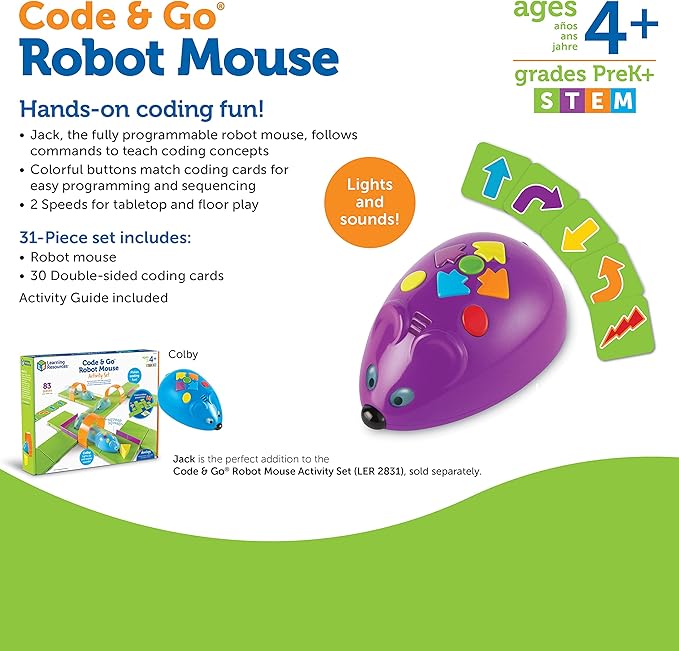 Learning Resources Code & Go Robot Mouse - 31 Pieces, Ages 4+, Coding STEM Toys, Screen-Free Coding Toys for Kids