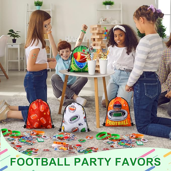 Sadnyy 140 Pcs Football Party Favors Birthday Party Decorations Supplies Drawstring Bags with Silicone Bracelets Keychains Straws Button Pins Stickers for Classroom Rewards Goodie Bags Stuffers