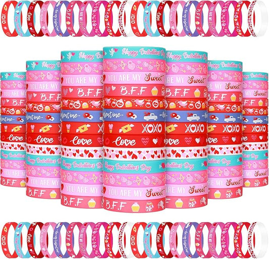 Wettarn 100 Pcs Valentines Silicone Wristband Happy Valentine's Day Wristbands Heart Rubber Bracelets Valentine's Day Party Favors Silicone Bracelets