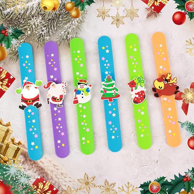 Welkin 6PCS Christmas Slap Bracelets For Kids,Colorful Silicone Bracelet, Soft and Safe Slap Bracelets Party Decorations Favors,Kids Christmas Party Gift