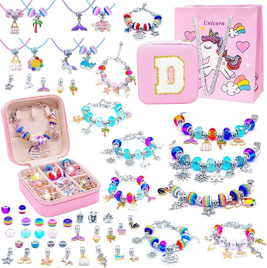 SUREHOME Charm Bracelet Making Kit for Girls 8-12, Teen Kids Jewelry Making Kit Easy to Craft Necklace Personalized Christmas Gifts for Girls Ages 5-7 6-8 8 9 10 11 Years Old Birthday Trendy Stuff - D