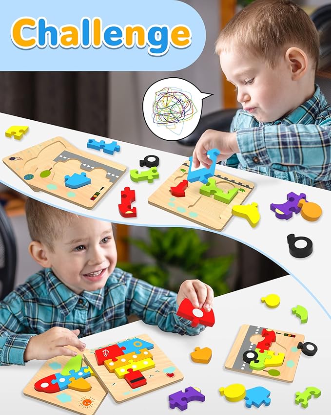 Yetonamr Wooden Toddler Puzzles Gifts Toys for 1 2 3 Years Old Boys Girls, 4 Vehicle Shape Montessori Toys Educational Blocks Kids Toys Gift Baby Learning Toy Age 1-3, 2-4