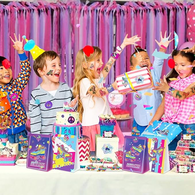 110PCS Roller Skate Party Favors with Slap Bracelets, Stickers, Key Chains, Pin Badges, Tattoos and Gift Bags for Kids Throwback 90s Hip Hop Roller Skating Birthday Party Decorations Supplies