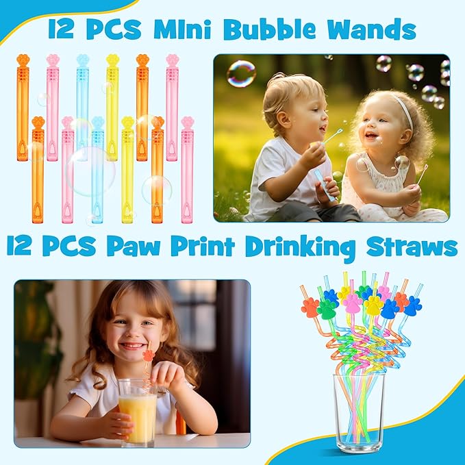 Dog Paw Print Party Favors Set 73PCS Dog Paw Print Party Supplies include Paw Print Drinking Straw, Footprint Stamper, Air Dry Clay ,Slap Bracelet , Footprint Sticker Roll, Gift Bag for Kids