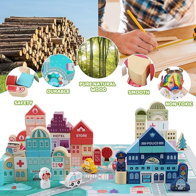 Wooden Building Blocks for Toddlers, Kids City Construction Stacking Creative Toys, Preschool Learning Education Block for Boys Girls Ages 2 3 4 5 (120 pcs)