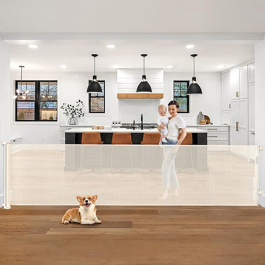 105 Inch Retractable Baby Gates Extra Wide Retractable Dog Gate Extra Wide Baby Gates for Large Openings Extra Long Dog Gates for Doorways Indoor Outdoor Extra Large Pet Gates for Dogs, Beige