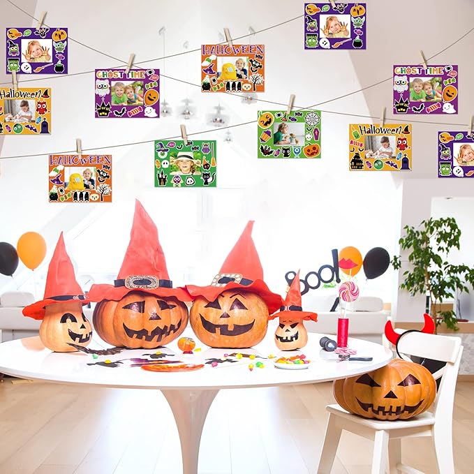30 Packs Halloween Picture Frame Craft Kits for Kids Halloween DIY Craft Set with Pumpkin Maple Leave Turkey Stickers Home Classroom Indoor Game Activities
