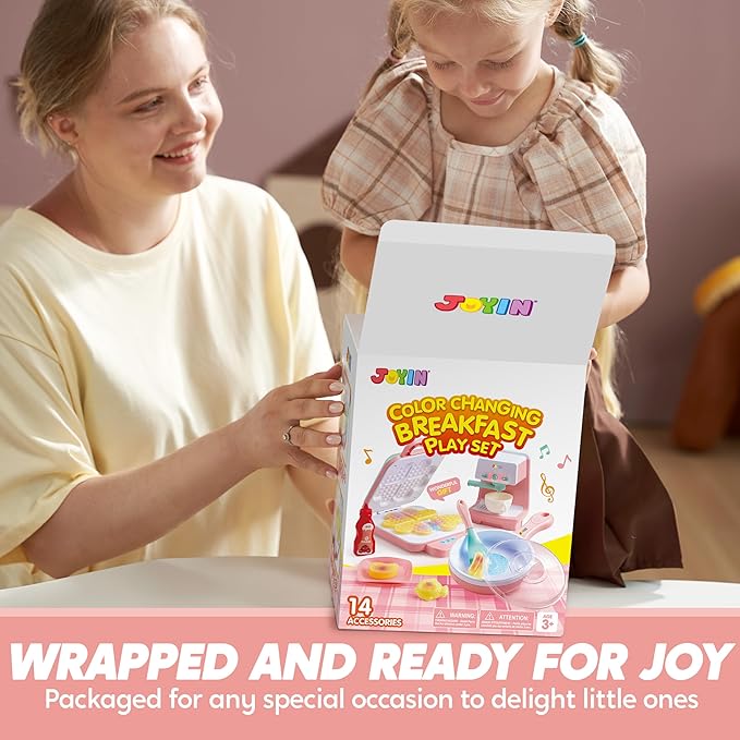 Play Kitchen Toys with Realistic Lights& Sounds, Pretend Play Toy Set for Girls Boy, Color Changing Breakfast Playset, Christmas Birthday Gift for Kids, Pink