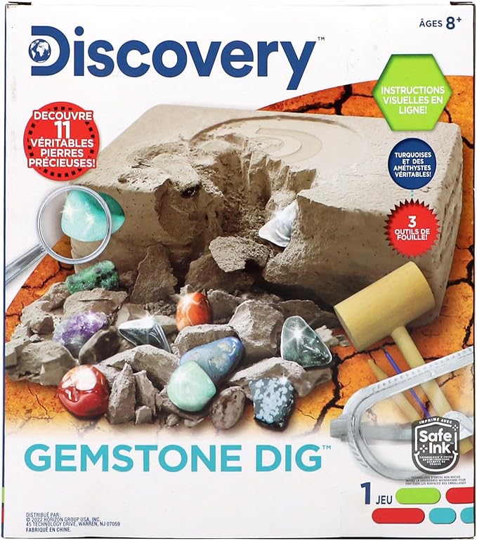 Discovery Kids Gemstone Dig Stem Science Kit by Horizon Group Usa, Excavate, Dig & Reveal 11 Real Gemstones, Includes Goggles, Excavation Tools, Streak Plate, Magnifying Glass & More